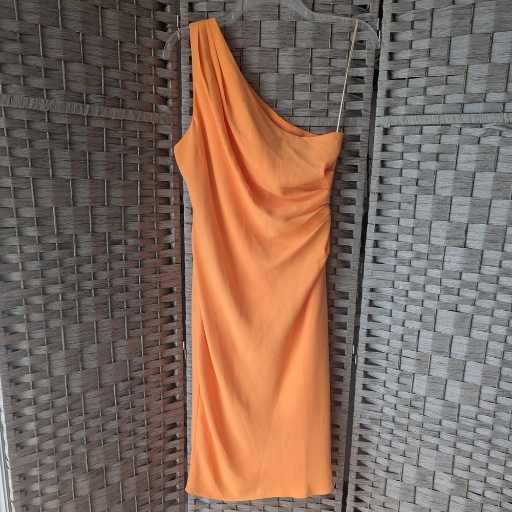 Trina Turk One Shoulder Dress Orange Draped Ruched Sheath Sz 6 Bright Chic